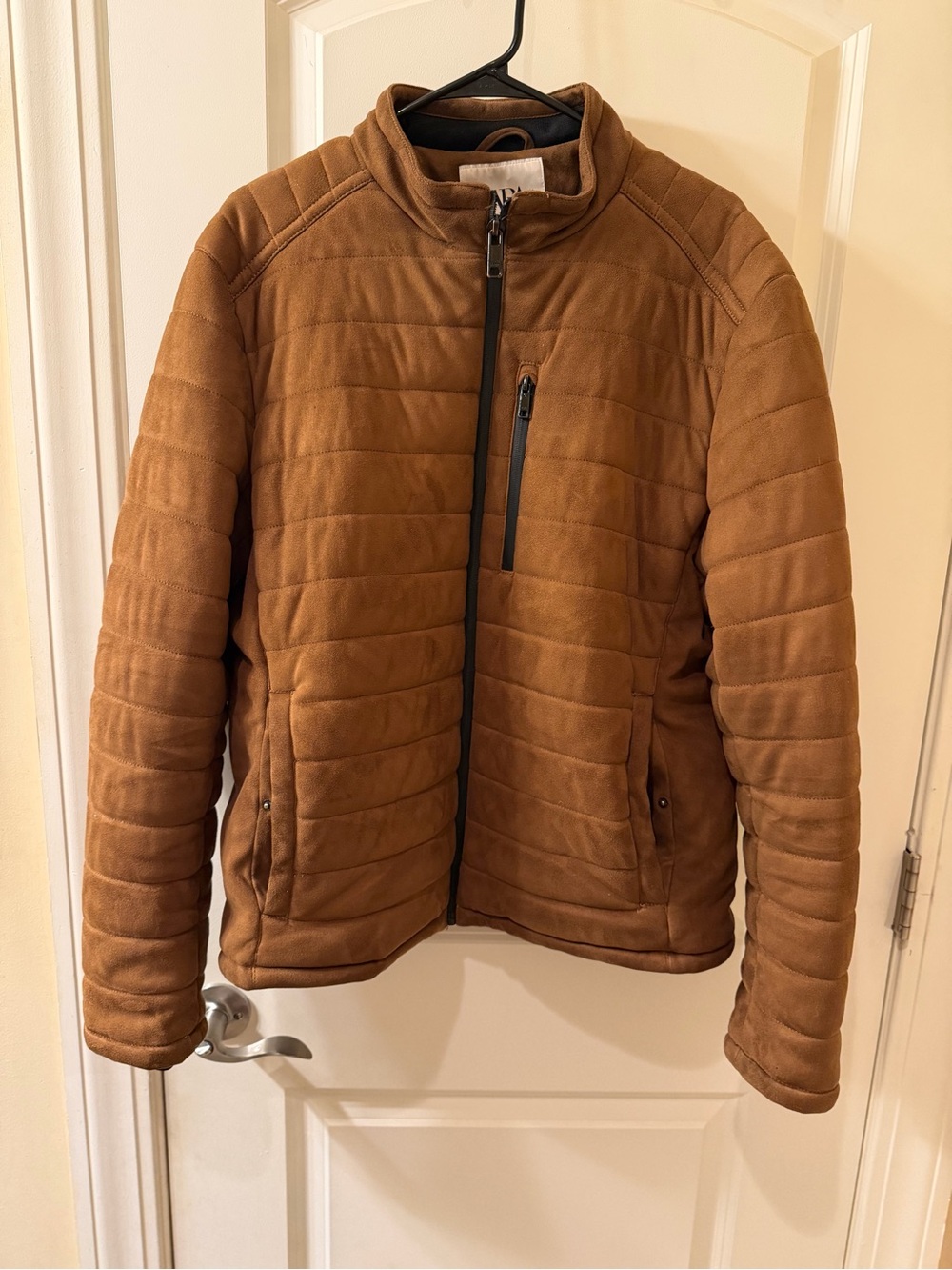 Zara Men’s Brown Faux Suede Quilted Jacket Full Zip High Collar